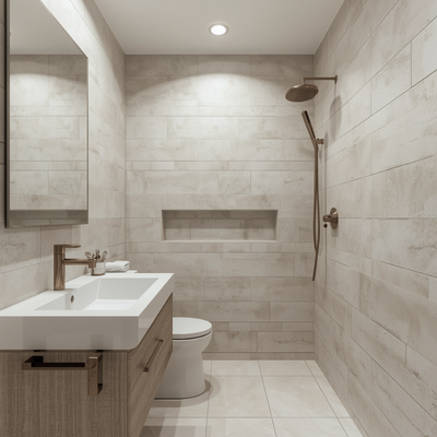 Acik-renk-buyuk-fayansli-banyo Küçük Banyolar İçin 10 Akıllı Dekorasyon Fikri (Alanı 2 Kat Büyük Gösterin)