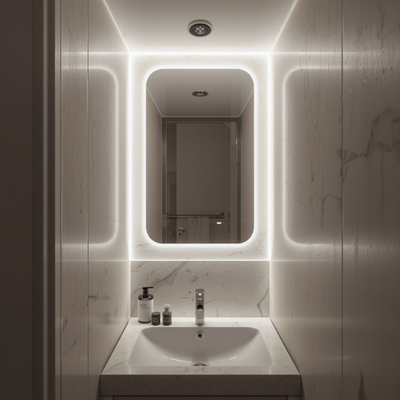 LED-aydinlatmali-kucuk-banyo Küçük Banyolar İçin 10 Akıllı Dekorasyon Fikri (Alanı 2 Kat Büyük Gösterin)