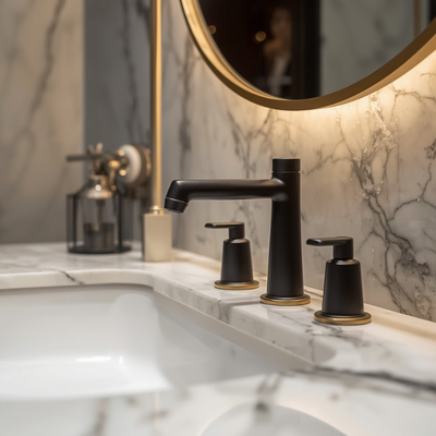 mat-siyah-banyo-bataryasi-altin-detay-modern-banyo 2026 Banyo Dekorasyon Trendleri: Modern, Minimal ve Fonksiyonel Tasarımlar