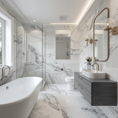 mermer-gorunumlu-banyo-fayans-trend-2026 2026 Banyo Dekorasyon Trendleri: Modern, Minimal ve Fonksiyonel Tasarımlar