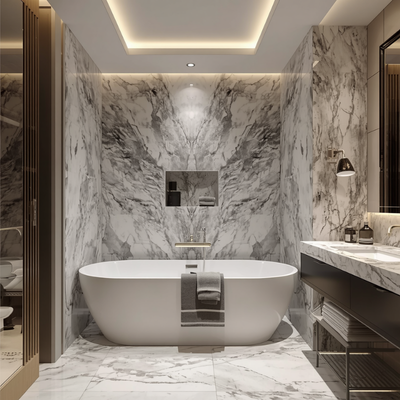 mermer-gorunumlu-banyo-fayans-trend-20261 2026 Banyo Dekorasyon Trendleri: Modern, Minimal ve Fonksiyonel Tasarımlar