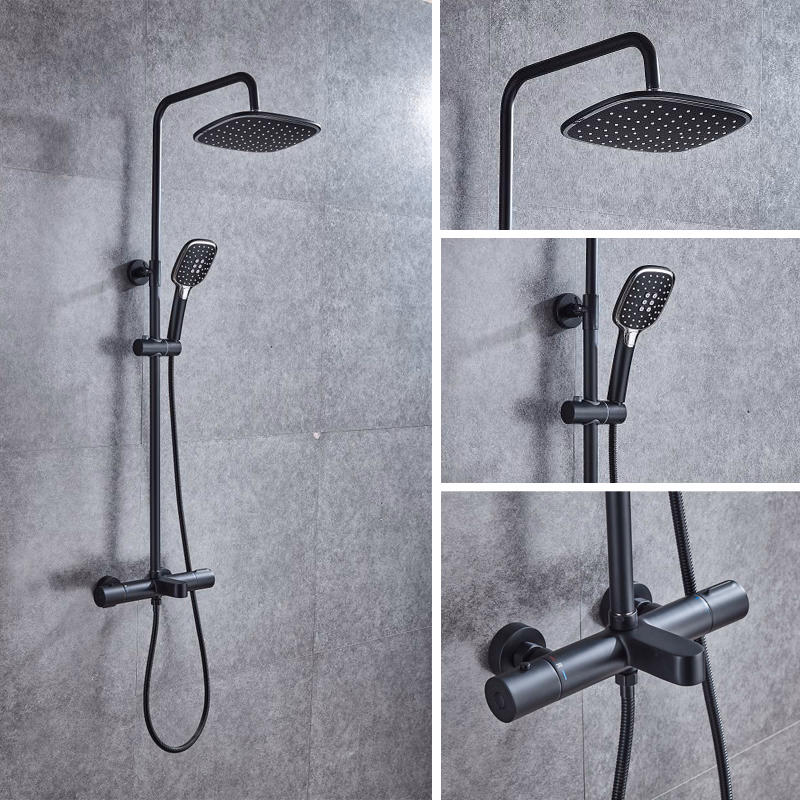 Wall-Mount-Brass-Bathroom-Black-Thermostatic-Faucet-Mixer-Rainfall-Bath-Room-Shower-Set Duş Seti Seçerken Yapılan 7 Büyük Hata (2026 Güncel Rehber)
