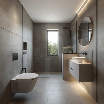 Buyuk-ebatli-seramikler-asma-klozet-tezgah-ustu-lavabo-ve-genis-dus-alani-bulunan-modern-banyo Modern Müstakil Ev Tasarımı Nasıl Olmalı? Kapsamlı Tasarım Rehberi